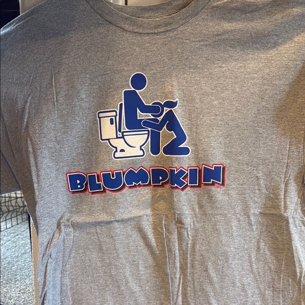Gray Graphic T-Shirt with Blue and Red Design